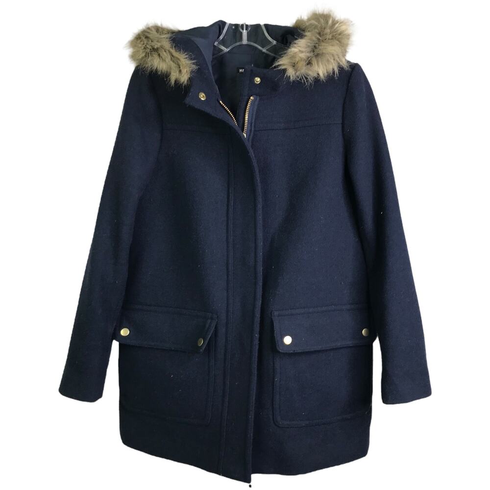 J.CREW Mercantile Coat Womens 2 Navy Blue‎ Faux Fur Hooded Jacket Zip-Up Snaps